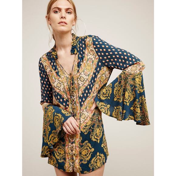 Free People Magic Mystery Tunic Dress Womens S Boho Mixed Print Bell Sleeve - Picture 1 of 12
